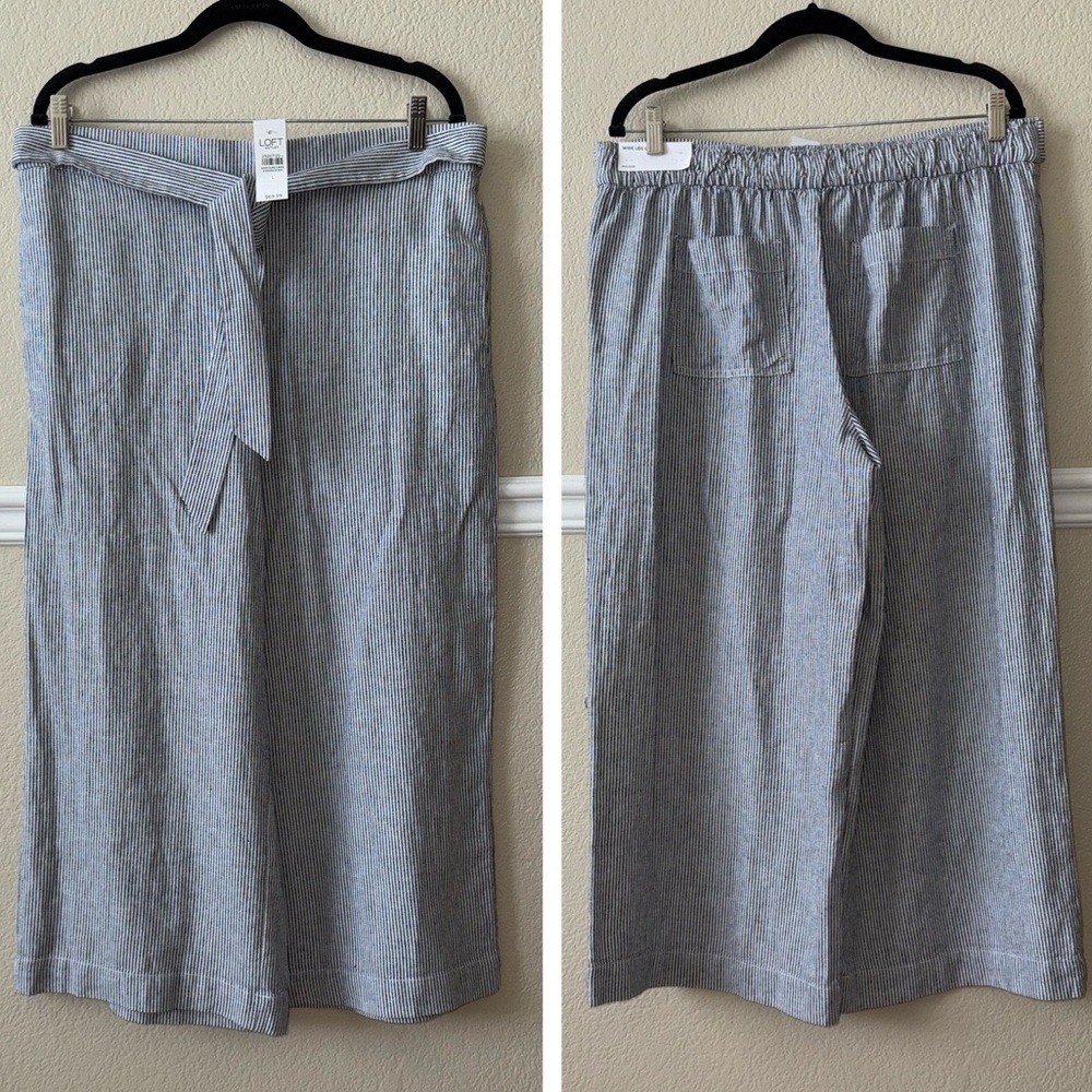 NEW Loft Linen Wide Leg Crop Striped Pull On Elastic Waist Pants Size Large